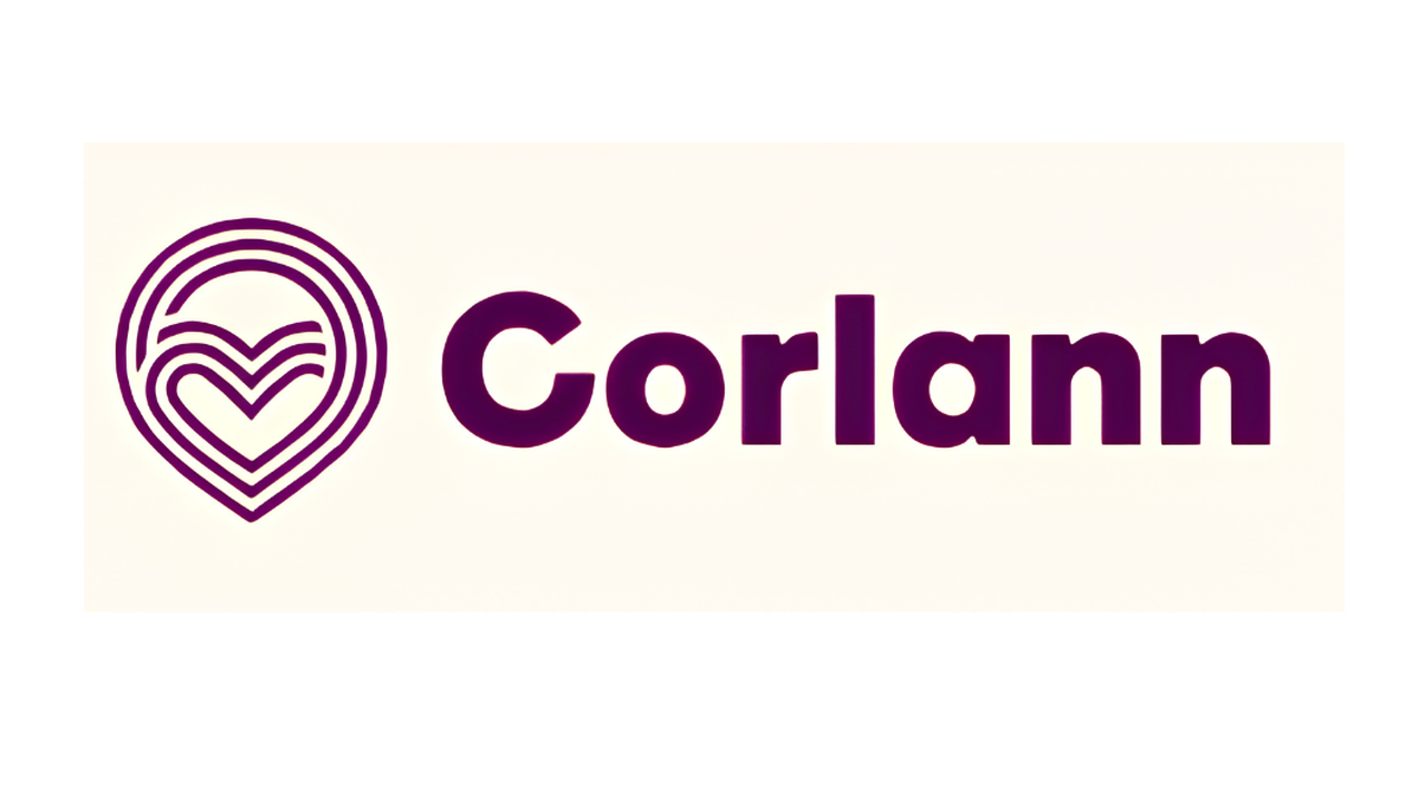 Purple Corlann logo with stylized heart shape inside concentric circles on a light background.